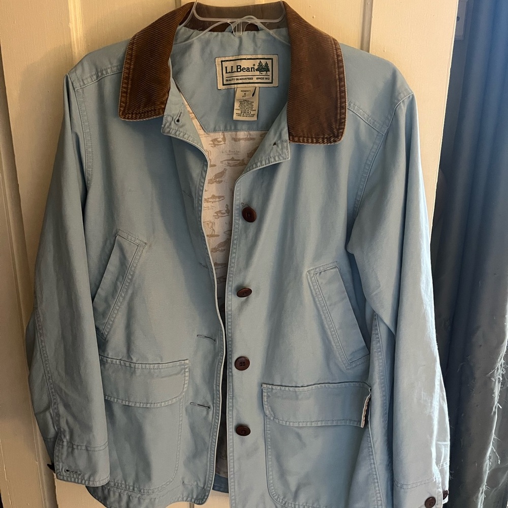 L.L. Bean Women's Sky Blue Barn Coat with Chocolate Collar